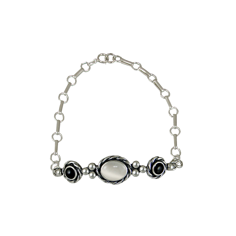 Sterling Silver Gemstone Adjustable Chain Bracelet With White Moonstone And Black Onyx